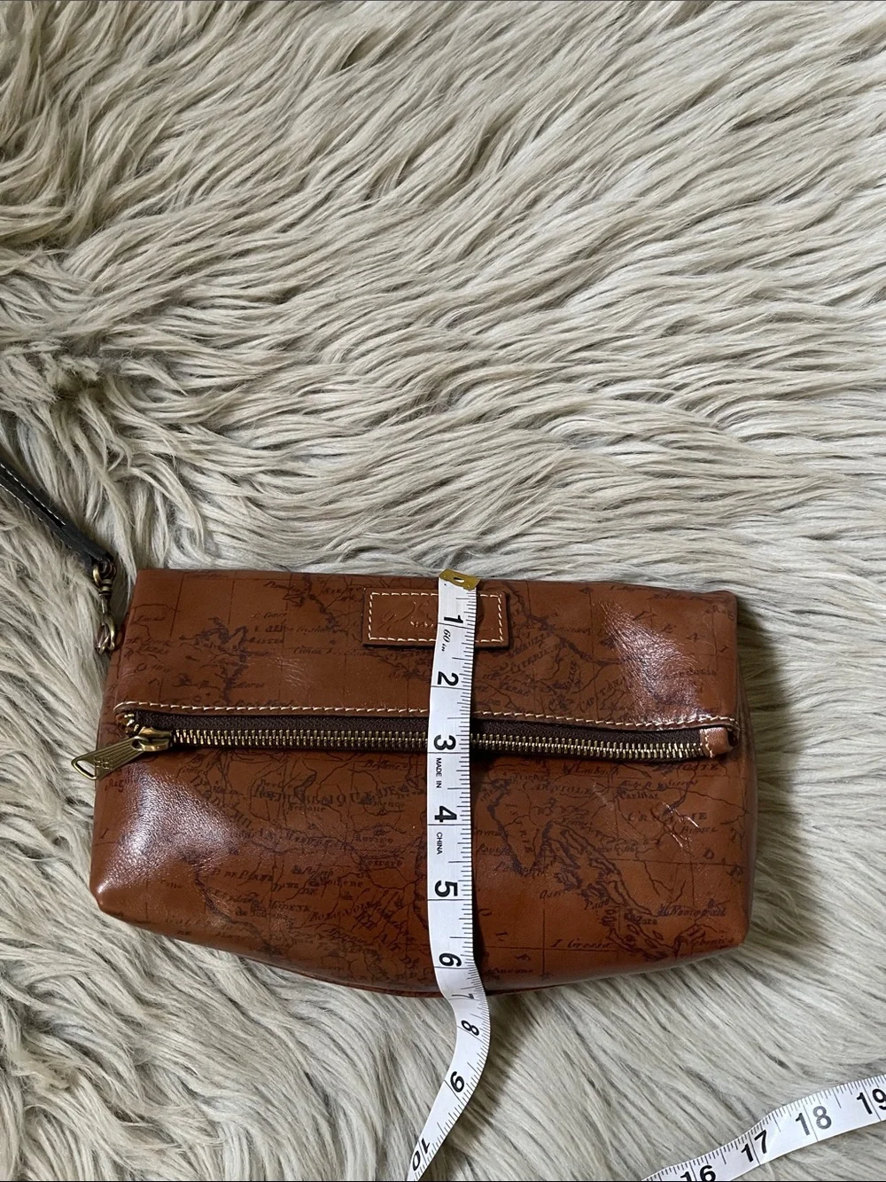 Patricia Nash Cognac Map-Print Leather Wristlet